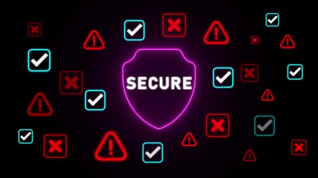 Neon shield with the word SECURE surrounded by glowing warning signs and checkmarks on black background