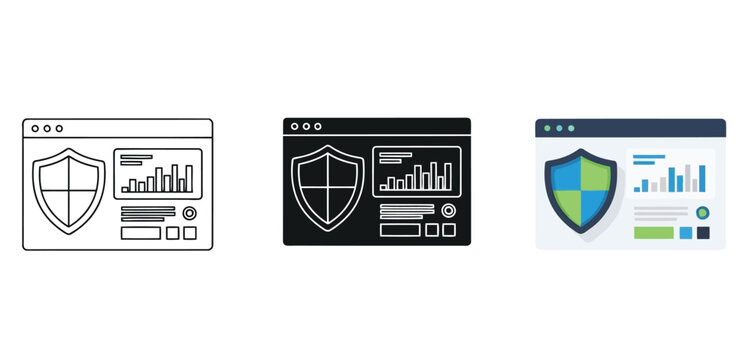 Computer screens Vector Set in Three Styles &mdash; Line Art, Silhouette and Color Version displaying security dashboard with shield icons and analytics charts