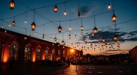 String lights at dusk outside a brick building