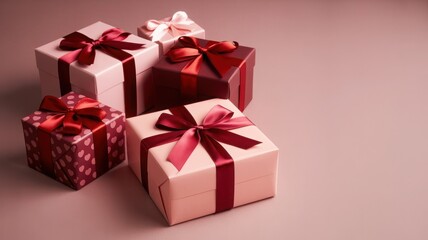 Obraz premium Beautifully wrapped gift boxes in pink and red, adorned with elegant bows, symbolizing joy, celebration, and heartfelt appreciation for special occasions
