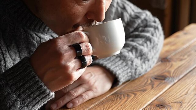 Man enjoys warm coffee in cozy cafe atmosphere. He relaxes while sipping hot beverage. Warm light enhances comforting mood, perfect for relaxation and reflection.