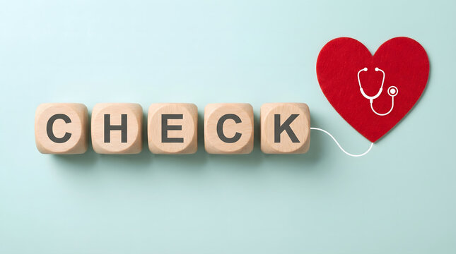 Heart health check concept with stethoscope and wooden cubes spelling CHECK
