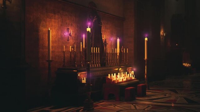 tall candles flanking ornate altar, evening light creates deep contrasts and long shadows, brass candelabra and statue silhouette suggest ritual ceremony