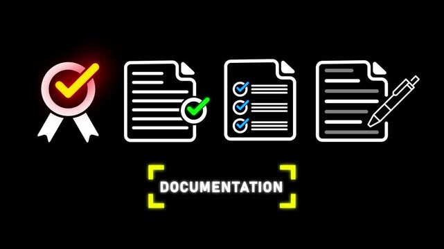 Four icons representing approval and documentation with the word DOCUMENTATION in yellow brackets on a black background