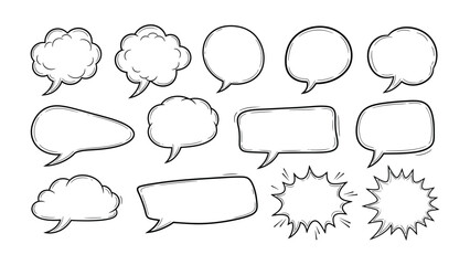Fototapeta premium Comic Conversation Bubbles: A collection of various hand-drawn speech bubbles, perfect for illustrating dialogue, thoughts, and ideas in any creative project.