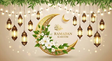Ramadan Kareem Greeting with Lanterns and Flowers