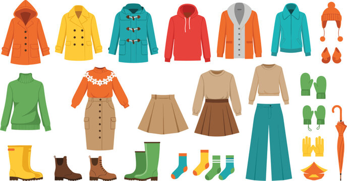 Autumn and winter women clothing collection with coats sweaters skirts boots and seasonal accessories for fashion outfit and retail design.