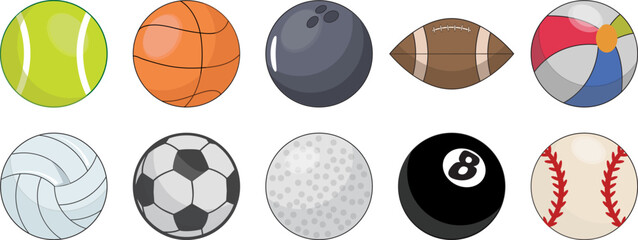 Fototapeta premium Collection of 9 sports balls vector illustration set, flat design clipart for games and activities
