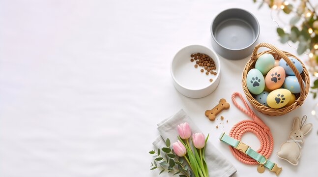Flat lay of Easter eggs with paw prints and dog accessories. Pet holiday celebration background with copy space
