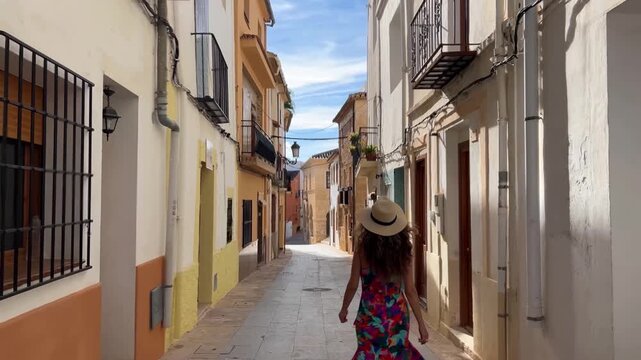 Mujer caminando con vestido al viento por el casco antiguo de Teulada