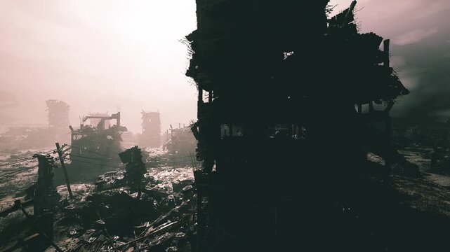 Menacing silhouette looms above decayed urban landscape enveloped in haze, Foreboding tower casts shadows over crumbling city damaged by pollution and decay