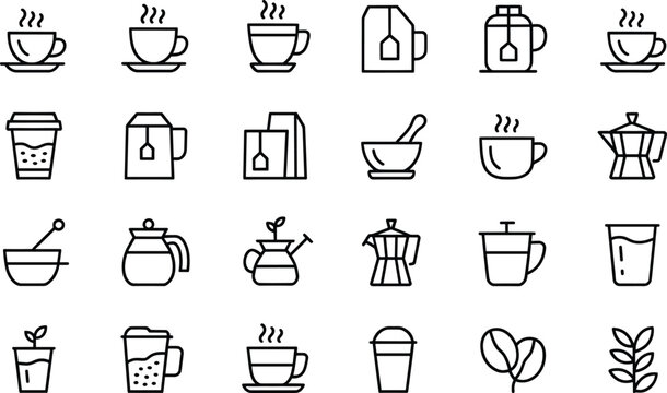 Black and white line of coffee and tea related teapot coffee, tea, cup, mug, teapot, kettle, coffee maker, coffee cup, tea bag, coffee beans, plant, leaves, steam, saucer, to go cup, french press, cof
