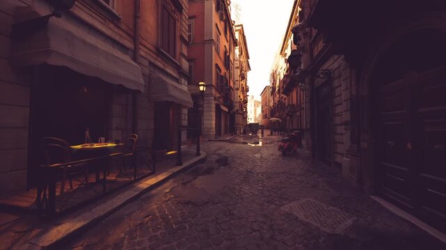 moody urban dusk alley with deep shadows and wet cobbles, compact storefronts and narrow roadway hint at evening commute and quiet city rhythm, ideal