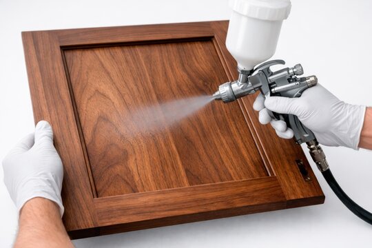 Spray Gun Lacquering Wooden Cabinet Door Panel
Gloved hands using a professional spray gun to apply even lacquer coating onto a wooden furniture door panel in a production workshop.