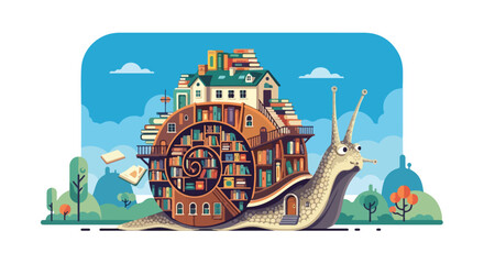 A snail illustration with a library for a shell © Tia