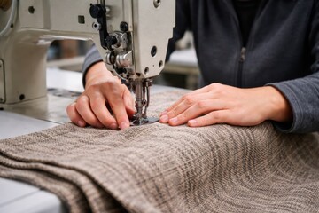 Tailor Sewing Denim Fabric on Industrial Sewing Machine
Hands of a tailor guiding denim fabric through a professional industrial sewing machine, stitching a precise seam in a garment workshop.