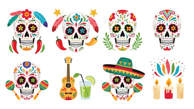Traditional symbols for the Day of the Dead celebration include colorful sugar skulls, maracas, a guitar, and burning candles.