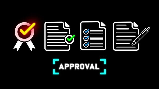 Approval process icons with text on black background document checklist
