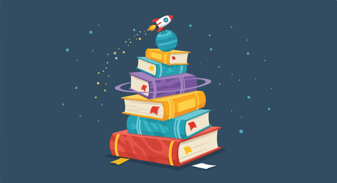 A stack of colorful books with a rocket ship above
