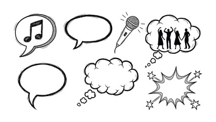 Doodle Dialogue Bubbles: A whimsical doodle of speech bubbles, including musical note, microphone, and dancing, invites your audience to add their creative thoughts and ideas. © Azizun