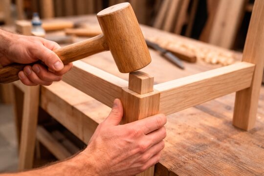 Carpenter Assembling Wooden Frame Joint with Mallet
Hands using a wooden mallet to tap and assemble a mortise and tenon joint on a light wooden furniture frame in a traditional carpentry workshop.