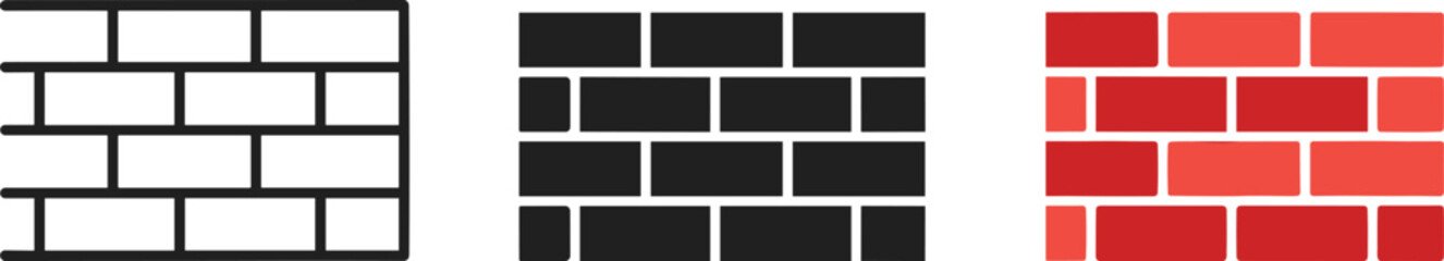Brick Wall Illustration Set Featuring Line Drawing, Black Silhouette, and Colored Red Bricks Depicted in Vector Style for Architecture Concepts