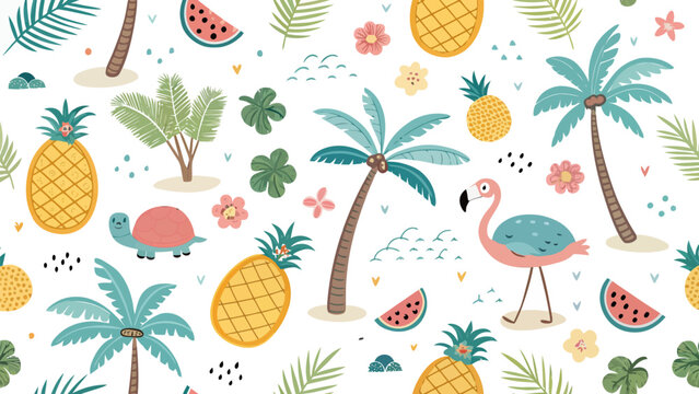 Colorful florida themed seamless vector design with cartoon flamingo palm trees pineapples and tropical fruits on white background
