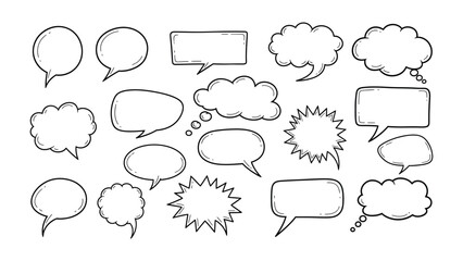 Conversation Bubbles in Sketch Style: A collection of various hand-drawn speech bubbles, perfect for illustrating thoughts, dialogues, and ideas.