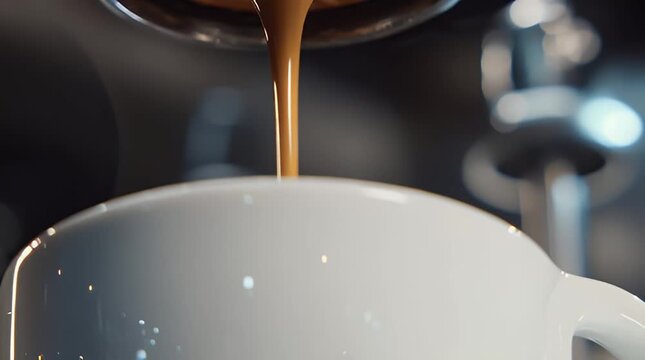 Coffee being poured into a white cup from an espresso machine in a cafe setting close-up view
