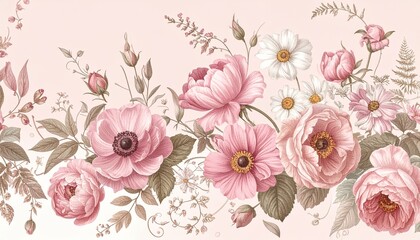 ピンクとクリームの花々が彩る高級感ヴィンテージフローラル背景Luxury Vintage Floral Background with Pink and Cream Blossoms