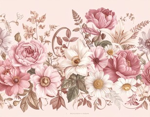 ピンクとクリームの花々が彩る高級感ヴィンテージフローラル背景Luxury Vintage Floral Background with Pink and Cream Blossoms