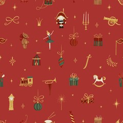 Seamless Christmas nutcracker pattern. New Year red background with toys, Christmas decorations, gift boxes, ballerina and nutcracker.