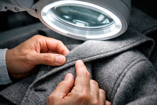 Quality Inspector Examining Gray Wool Fabric Under Magnifier
Hands of a quality control inspector carefully examining the texture and seam of gray wool coat fabric.