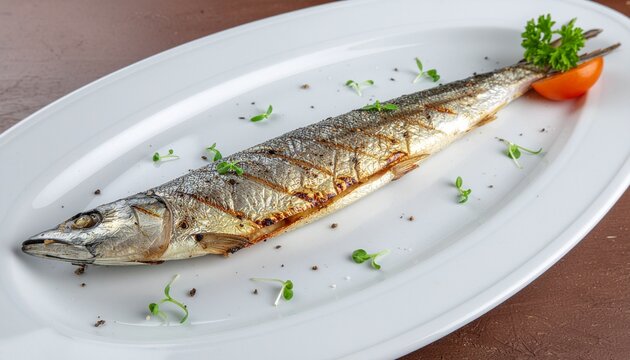 Grilled pacific saury fish served on a white plate