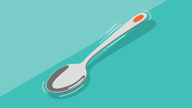 Long metal spoon with a gray body and a small orange accent on the handle resting on a turquoise background with motion lines.