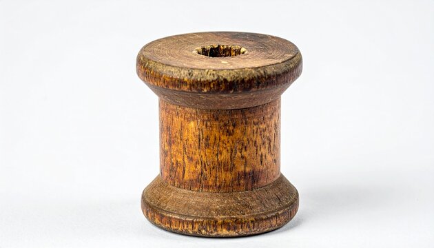 Rustic wooden spool for thread or cable on a clean white background, showcasing aged texture and simple design, ideal for craft, vintage, or textile themes