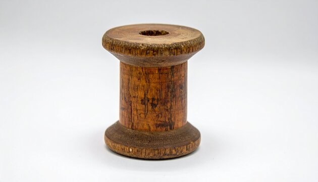 Rustic wooden spool for thread or cable on a clean white background, showcasing aged texture and simple design, ideal for craft, vintage, or textile themes