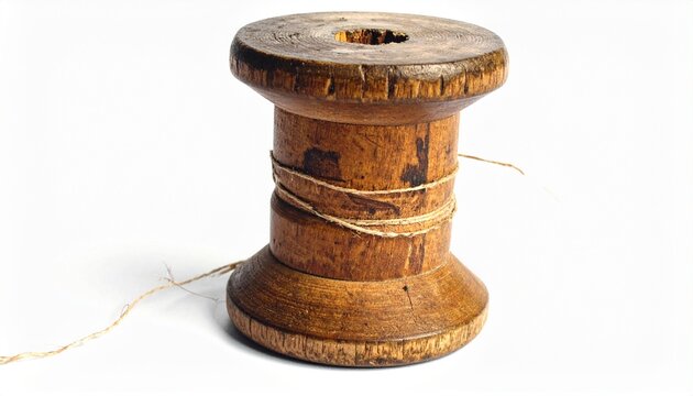 Rustic wooden spool for thread or cable on a clean white background, showcasing aged texture and simple design, ideal for craft, vintage, or textile themes