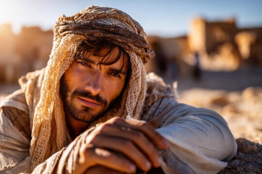 Traveler Rests Beside Well in Desert Village During Warm Afternoon Light Wearing Biblical Era Costume While Enjoying a Moment of Stillness