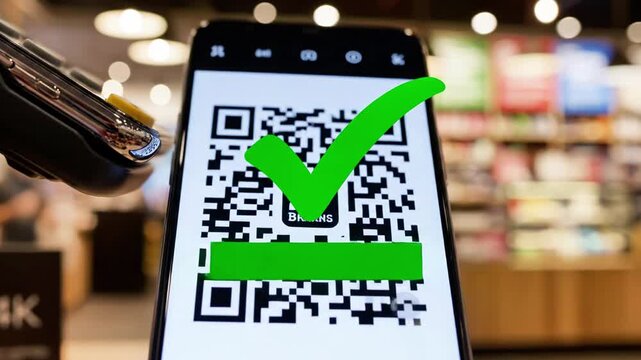 A smartphone displaying a QR code on its screen, held by a hand with a blurred background that appears to be a store or supermarket