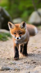 Fototapeta premium Adorable Baby Fox Portrait Close Up in a Lush Forest, Capturing the Playful Spirit of Nature