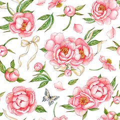 Seamless pattern with pink peony flowers and buds, greenery, butterfly and beige satin bow. A...