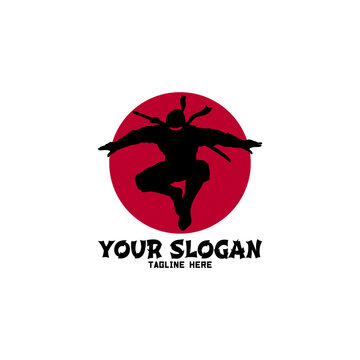 Dynamic Ninja Jump Pose Red Sun Logo Template
