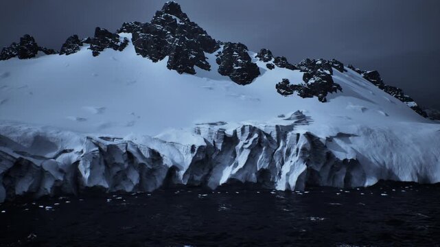 Vast melting icefront panorama with fractured glacier edge and battered coastline, data and monitoring implications visible, stark landscape speaks to warming