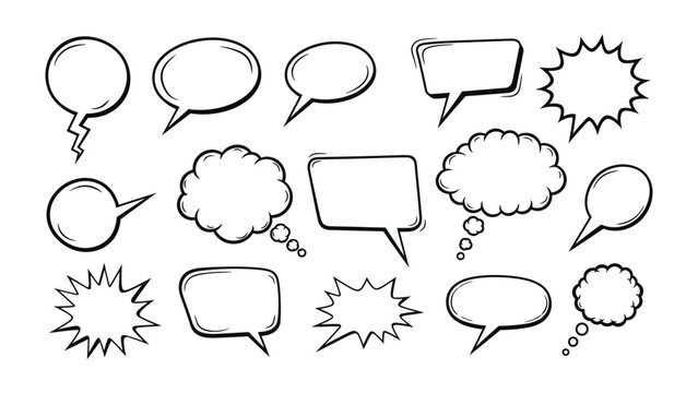 Dialogue Bubbles: Collection of hand-drawn comic speech bubbles, perfect for conveying thoughts, dialogue, and emotions in various creative projects.
