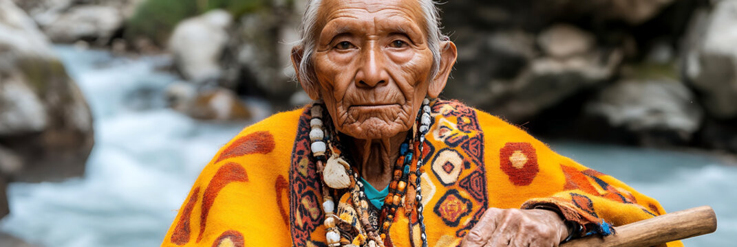 A weathered indigenous elder, adorned in vibrant traditional clothing and jewelry, sits serenely by a rushing stream