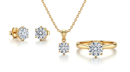 Luxury jewelry set: gold diamond engagement ring, necklace, and stud earrings