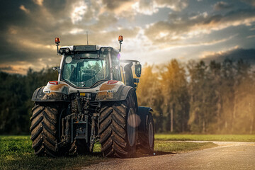 Ein mächtiger weißer Traktor mit gelben Akzenten steht imposant auf einem schmalen Grasweg vor einem dramatischen Himmel bei Sonnenuntergang. Umgeben von Wiesen und Wald im goldenen Herbstlicht. © thebigticket20