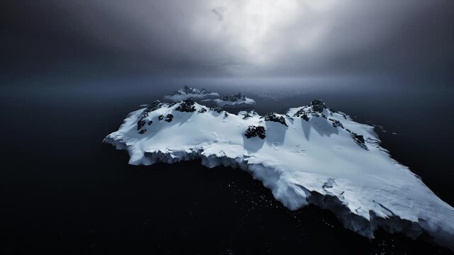 Aerial ice islet beneath brooding clouds, cinematic night mood with luminous highlights on snow ridges and dark surrounding sea, suited for dramatic editorial