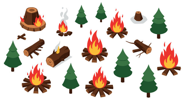 isometric campfire logs tree stump and pine trees hand drawn forest collection